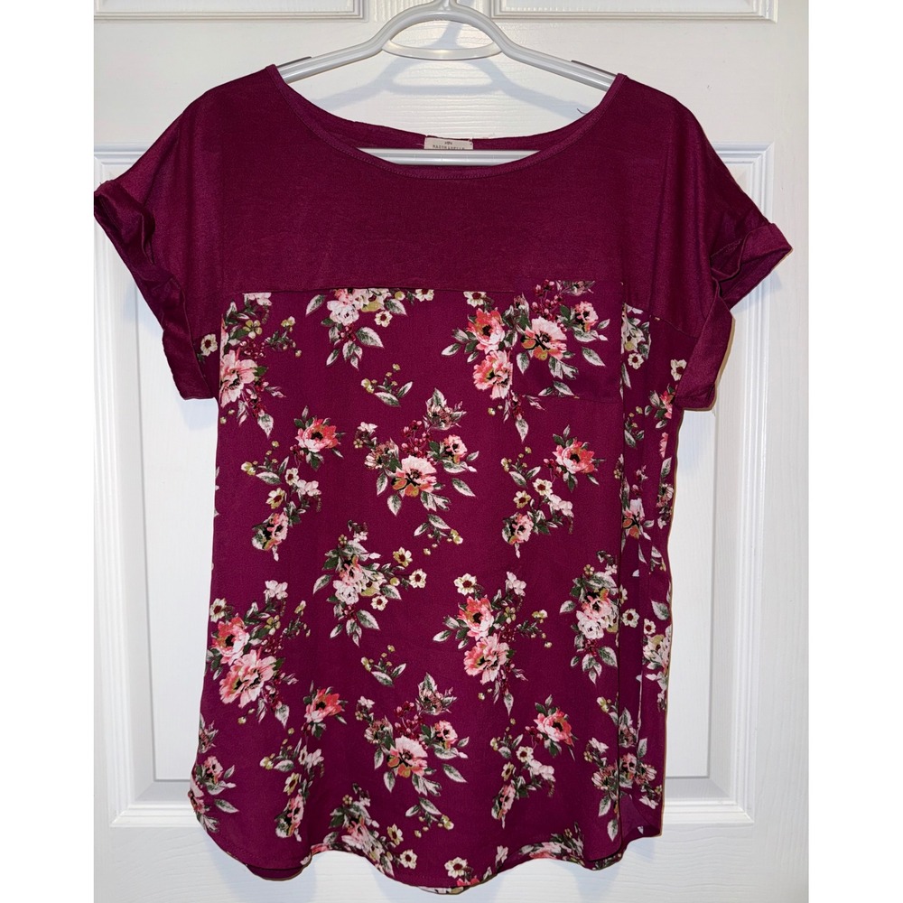 Mason & Belle Floral Print‎ Top Pocket Casual Blouse Burgundy Size L